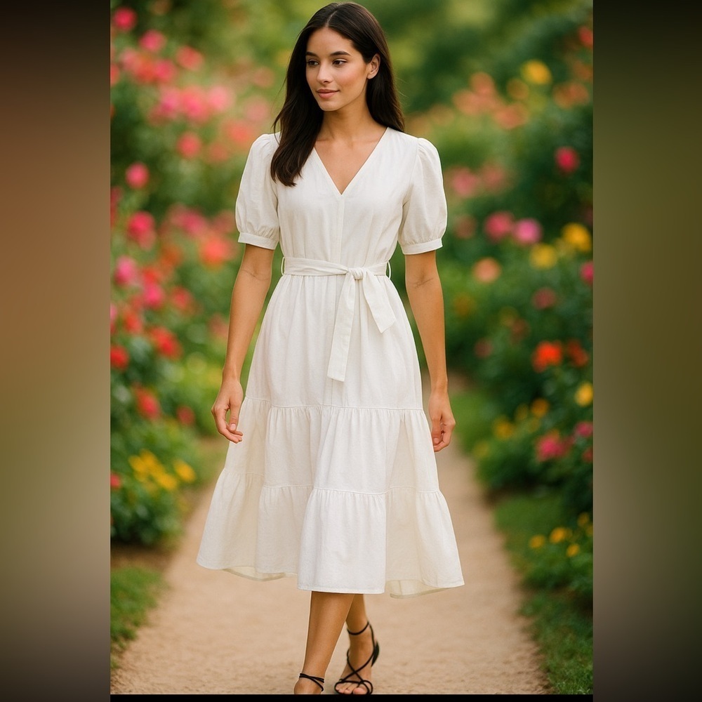 CAARA MIDI Dress White Lombardy Tie Belted Puff Sleeve Size XL Spring Festival